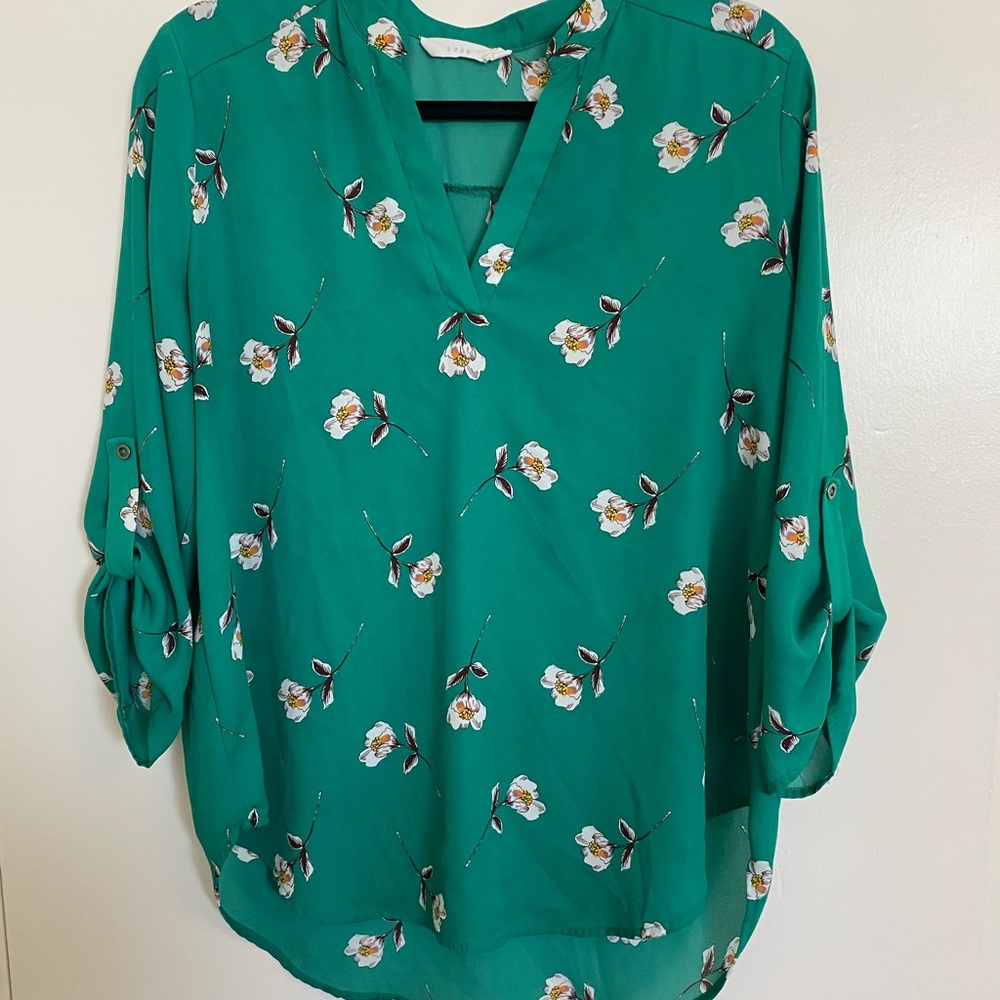 Lush Green-Teal Floral Blouse 3/4 sleeve size L